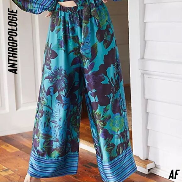 ANTHROPOLOGIE BY MARY O’MOLLY SILK JUMPSUIT IN BLUE GREEN FLORAL MEDIUM NWT - Picture 4 of 12
